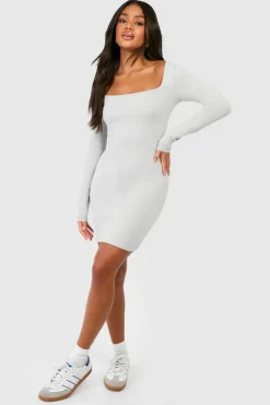 Bodycon Dresses*boohoo Square Neck Modal Long Sleeve Bodycon Dress grey