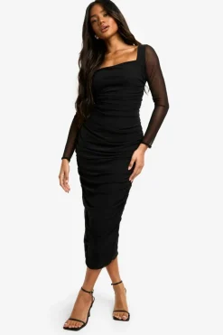 Bodycon Dresses|Dresses*boohoo Square Neck Ruched Mesh Midaxi Dress black