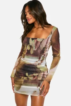 Bodycon Dresses|Mini Dresses*boohoo Square Neck Ruched Mesh Printed Bodycon Dress multi