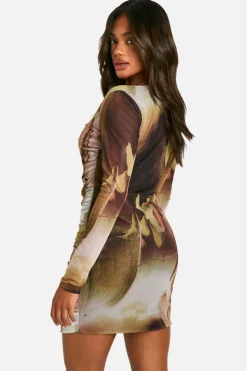 Bodycon Dresses|Mini Dresses*boohoo Square Neck Ruched Mesh Printed Bodycon Dress multi