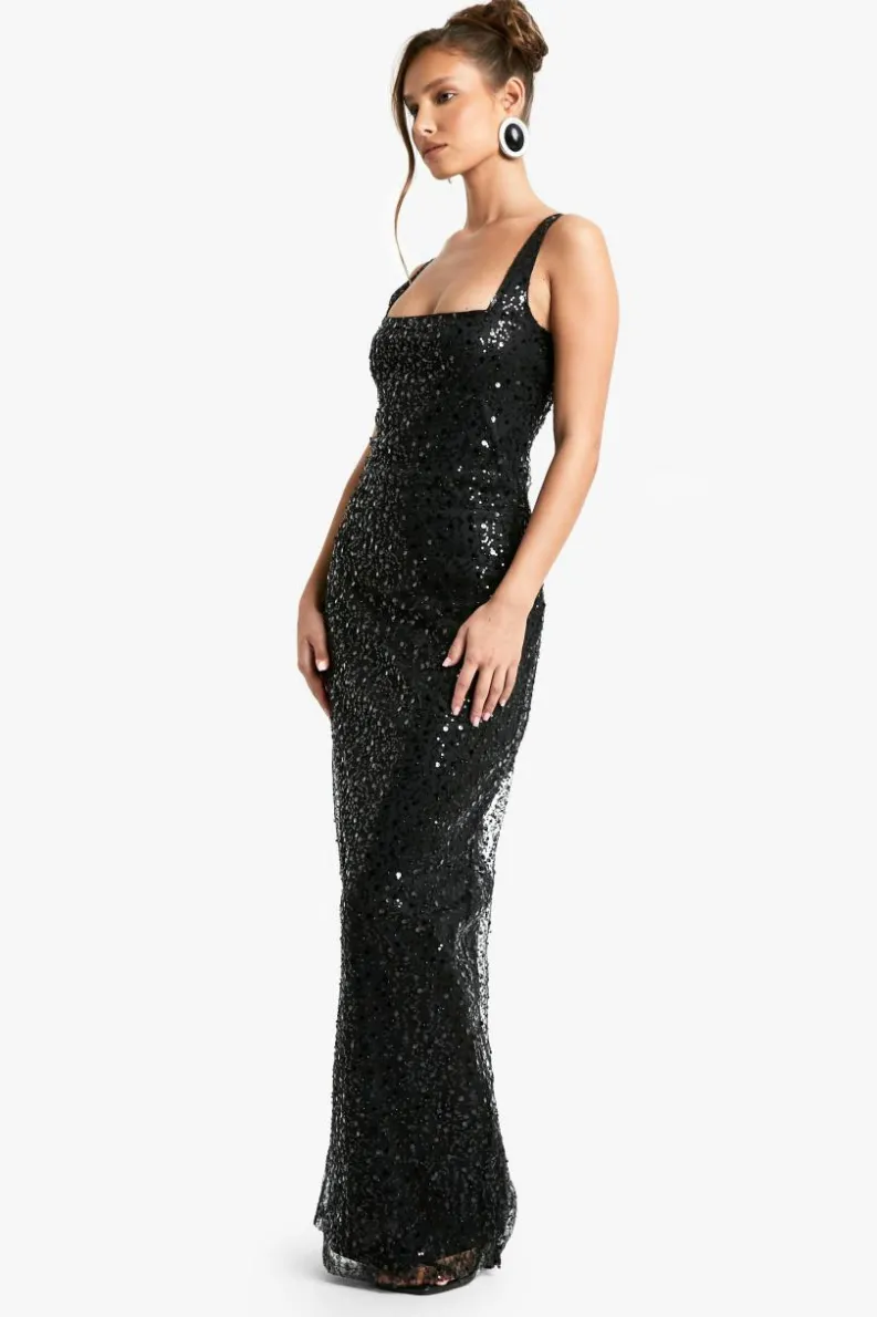 Maxi Dresses*boohoo Square Neck Sequin Column Maxi Dress black