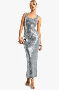 Bodycon Dresses*boohoo Square Neck Sequin Maxi Dress silver