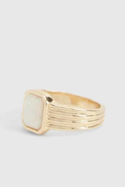 Rings*boohoo Square Opal Stone Ribbed Ring gold