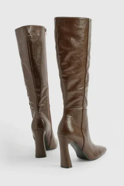 Over The Knee Boots|Knee High Boots*boohoo Square Toe Flared Heel Knee High Boots chocolate