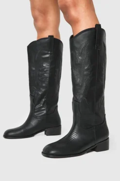 Knee High Boots|Cowboy Boots*boohoo Square Toe Low Heel Knee High Western Boots black