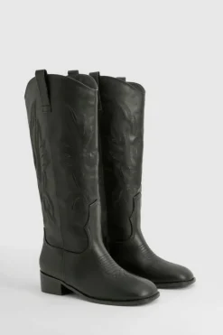 Knee High Boots|Cowboy Boots*boohoo Square Toe Low Heel Knee High Western Boots black
