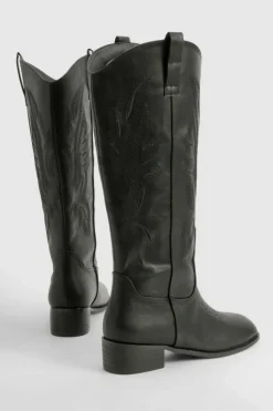 Knee High Boots|Cowboy Boots*boohoo Square Toe Low Heel Knee High Western Boots black