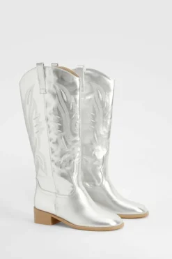 Knee High Boots|Cowboy Boots*boohoo Square Toe Low Heel Knee High Western Boots silver