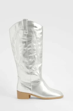 Knee High Boots|Cowboy Boots*boohoo Square Toe Low Heel Knee High Western Boots silver