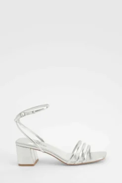 Heels*boohoo Square Toe Triple Strap Low Block Heel Sandals silver