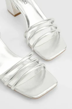 Heels*boohoo Square Toe Triple Strap Low Block Heel Sandals silver