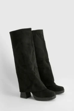 Over The Knee Boots|Knee High Boots*boohoo Stacked Heel Fold Over Knee High Boot black