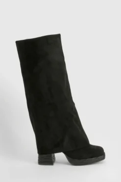 Over The Knee Boots|Knee High Boots*boohoo Stacked Heel Fold Over Knee High Boot black