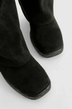Over The Knee Boots|Knee High Boots*boohoo Stacked Heel Fold Over Knee High Boot black