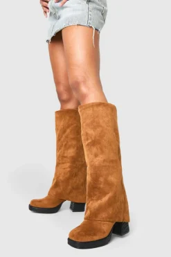 Over The Knee Boots|Knee High Boots*boohoo Stacked Heel Fold Over Knee High Boot tan