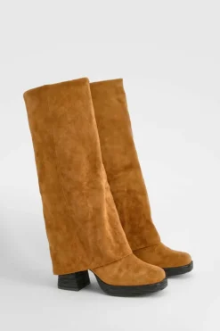 Over The Knee Boots|Knee High Boots*boohoo Stacked Heel Fold Over Knee High Boot tan