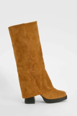 Over The Knee Boots|Knee High Boots*boohoo Stacked Heel Fold Over Knee High Boot tan