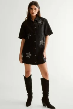 Shirt Dresses*NastyGal Star Studded Denim Shirt Dress black