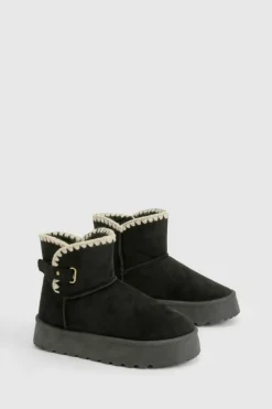 Cosy Boots|All Boots*boohoo Stitch Buckle Detail Cosy Boot black