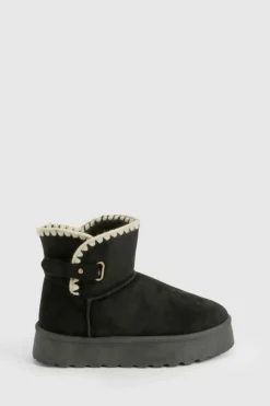 Cosy Boots|All Boots*boohoo Stitch Buckle Detail Cosy Boot black
