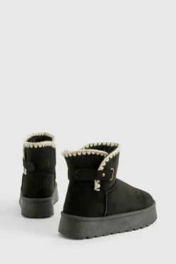 Cosy Boots|All Boots*boohoo Stitch Buckle Detail Cosy Boot black