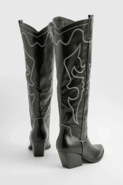 Cowboy Boots|All Boots*boohoo Stitch Detail Over The Knee Western Boots black