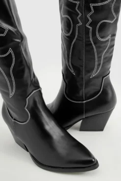 Cowboy Boots|All Boots*boohoo Stitch Detail Over The Knee Western Boots black
