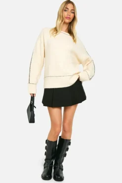 Oversized Jumpers|Jumpers*boohoo Stitch Detail Soft Knit Oversized Crew Neck Jumper ecru