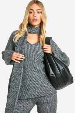 Oversized Jumpers|Jumpers*boohoo Stitch Detail V Neck Oversized Knitted Jumper And Scarf grey