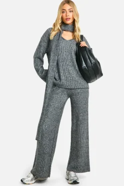Oversized Jumpers|Jumpers*boohoo Stitch Detail V Neck Oversized Knitted Jumper And Scarf grey