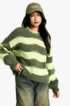 Oversized Jumpers|Jumpers*boohoo Stitch Detail Wave Stripe Boxy Oversized Knitted Jumper soft lime