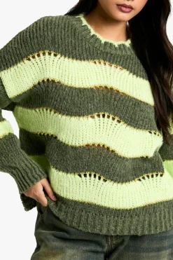 Oversized Jumpers|Jumpers*boohoo Stitch Detail Wave Stripe Boxy Oversized Knitted Jumper soft lime