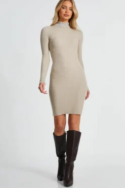 Jumper Dresses|Jumper Dresses*Quiz Diamante Roll Neck Dress Stone