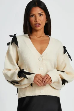 Cardigans*Quiz Knitted Bow Detail Cardigan Stone
