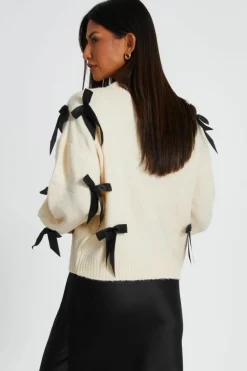 Cardigans*Quiz Knitted Bow Detail Cardigan Stone