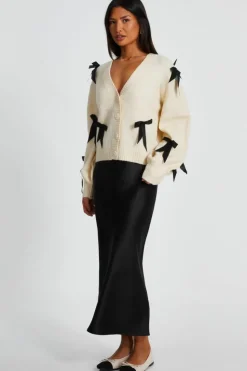 Cardigans*Quiz Knitted Bow Detail Cardigan Stone