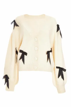 Cardigans*Quiz Knitted Bow Detail Cardigan Stone