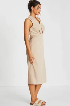 Shirt Dresses|Midi Dresses*Quiz Linen Look Midi Shirt Dress Stone