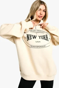 Sweatshirts|Hoodies & Sweatshirts*boohoo New York Slogan Oversized Half Zip Sweatshirt stone