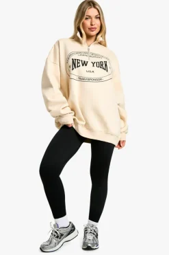 Sweatshirts|Hoodies & Sweatshirts*boohoo New York Slogan Oversized Half Zip Sweatshirt stone