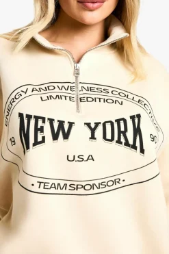 Sweatshirts|Hoodies & Sweatshirts*boohoo New York Slogan Oversized Half Zip Sweatshirt stone