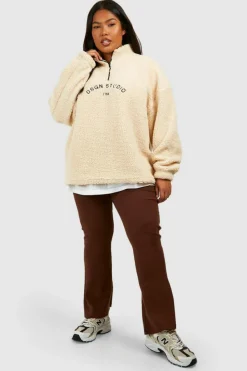 Sweatshirts|Hoodies & Sweatshirts*boohoo Plus Premium Borg Embroidered Half Zip Sweater stone