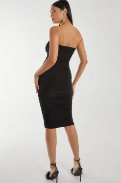 Midi Dresses*Pink Vanilla Strapless Ruched Slinky Midi Dress Black