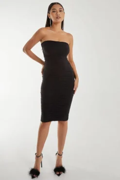 Midi Dresses*Pink Vanilla Strapless Ruched Slinky Midi Dress Black
