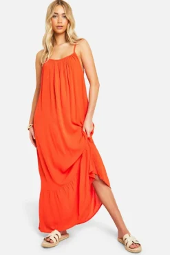 Smock Dresses*boohoo Strappy Cheesecloth Maxi Dress red