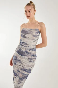 Midi Dresses*Pink Vanilla Strappy Distressed Print Midi Dress Cream
