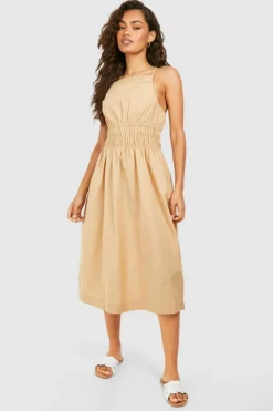 Shirt Dresses|Midi Dresses*boohoo Strappy Linen Look Shirred Waist Midi Dress stone