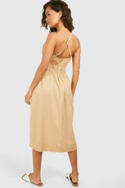 Shirt Dresses|Midi Dresses*boohoo Strappy Linen Look Shirred Waist Midi Dress stone