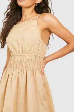 Shirt Dresses|Midi Dresses*boohoo Strappy Linen Look Shirred Waist Midi Dress stone
