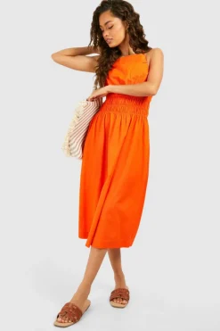 Skater Dresses|Midi Dresses*boohoo Strappy Linen Look Shirred Waist Midi Dress orange